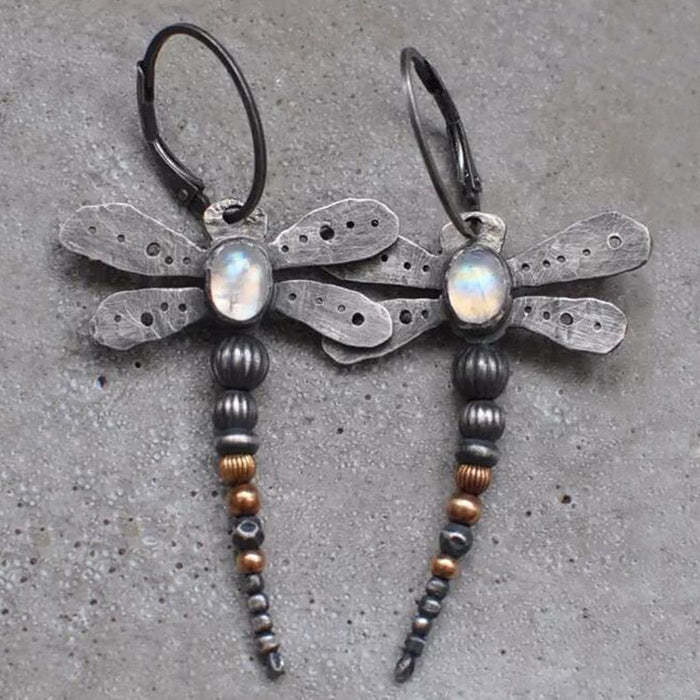 Wholesale Design sense: vintage metal insect moonstone earrings, vintage metal earrings, women's accessories
