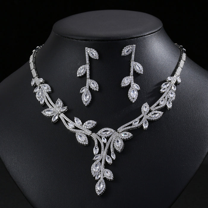 Wholesale Zircon Necklace Earrings suit Jewelry Full Diamond Jewelry Leaves Women' s Holiday Wear