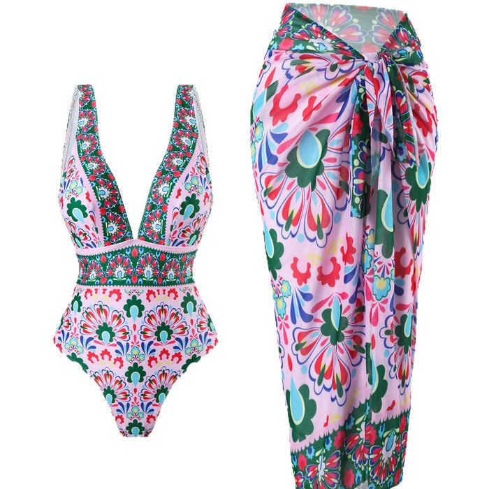 Wholesale Sexy bikini one-piece swimsuit chiffon skirt wrapped skirt, shoulder V-neck swimsuit, beach gathering, conservative coverage