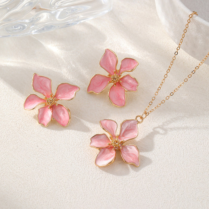 Wholesale Drip Oil Flower Necklace Earrings Camellia Jewelry Set