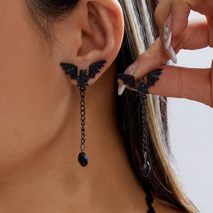Wholesale Gothic Bat Wing Necklace and Earring Set Black Red Rhinestone Vintage Metal Chain