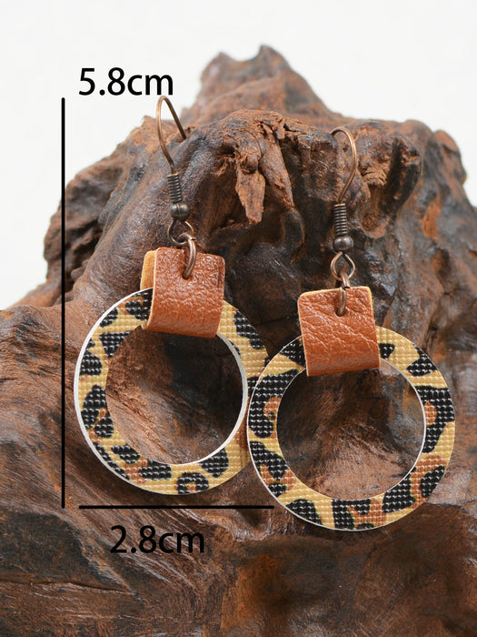 Wholesale Flower Leopard Print Western Style Hollow Round Leather Earrings JDC-ES-ChenC008