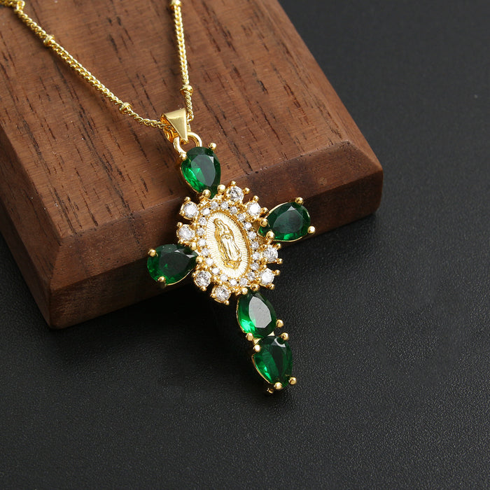 Wholesale Copper Gold Plated Micro-Inlaid Zircon Our Lady Cross Pendant Necklace JDC-NE-BaiTian007