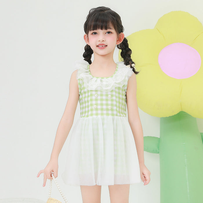 Wholesale Children's swimsuit plaid skirt style dress polyester swimsuit wholesale