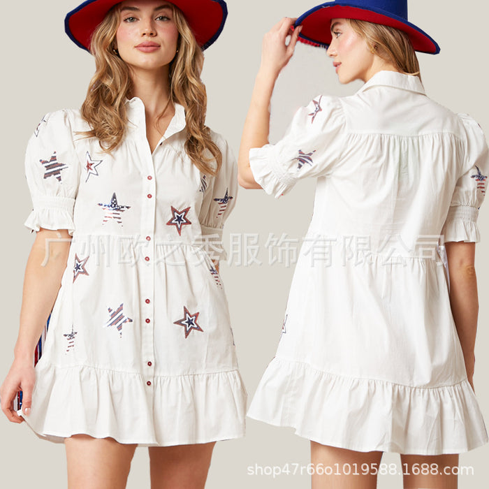 Wholesale Five pointed star sequin dress lantern sleeve shirt mid skirt for women