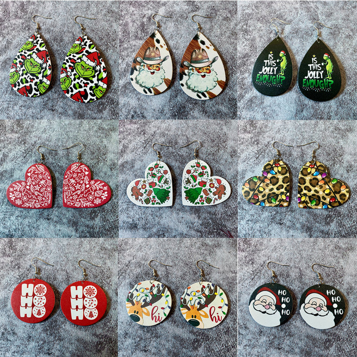 Wholesale Christmas Earrings Santa Elk Green Printing Leather Earrings