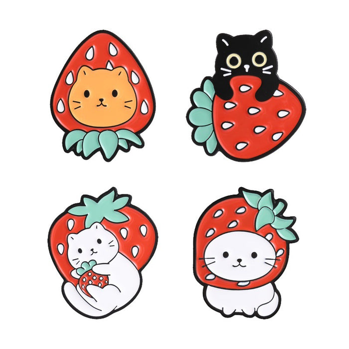 Wholesale Cute Cat Strawberry Fruit Metal Brooch Pin For Girls Holiday Gift