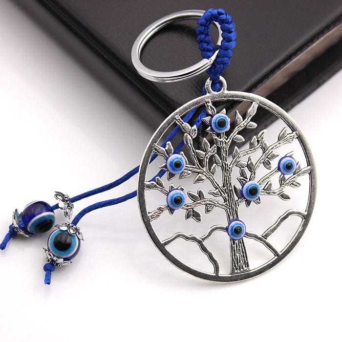 Wholesale Alloy Electroplating Ancient Silver Tree of Life Blue Eyes Keychain Key Accessories