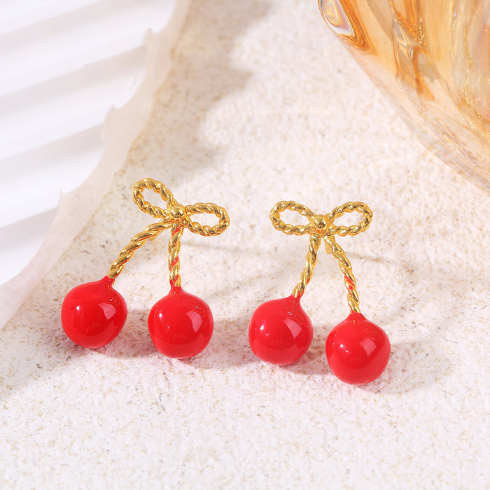 Wholesale Oil Drop Cherry Bow Earrings Cute Heart Elegant Personalized Design Earrings