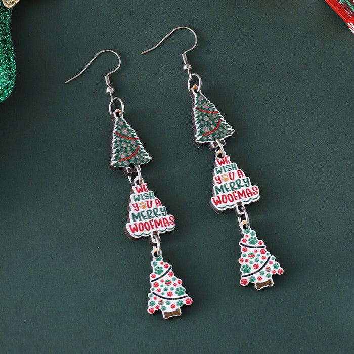 Wholesale Christmas Color Dog Claw Christmas Tree Plaid Snowflake Triple Pendant Earrings Wooden Double-sided Earrings