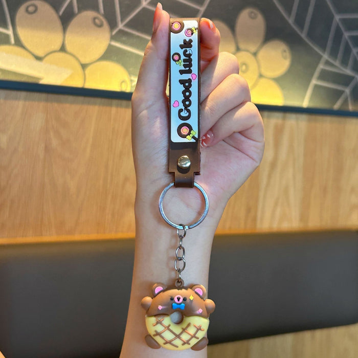 Wholesale PVC Cartoon Donut Keychain With Leather Strap Cute Car Bag Charm Gift For Resale