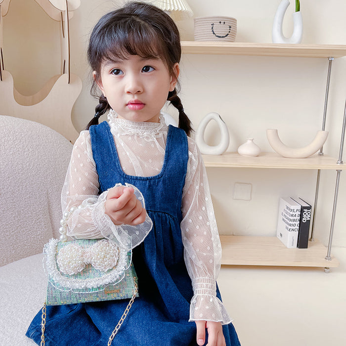 Wholesale Children's Bag Bow Accessories Princess Pearl Handbag Mini Chain Change Shoulder Crossbody Bag