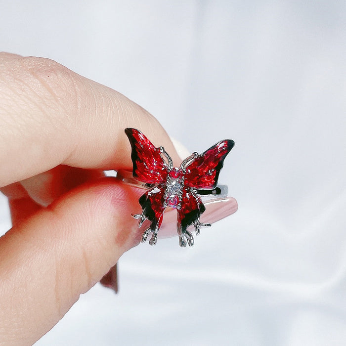 Wholesale Copper Red Enamel Drop Glaze Butterfly Open Ring For Women Stylish Geometric Design Jewelry Accessory Boutique Gift
