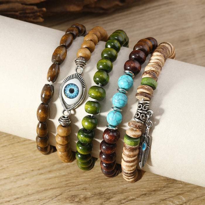 Wholesale Evil eye turquoise and feather 5-piece set wooden bead stretch bracelet