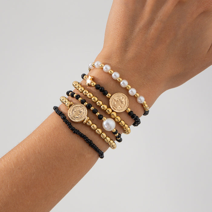 Wholesale Creative crystal bead pearl bracelet, metal hang tag, stacked elastic bracelet