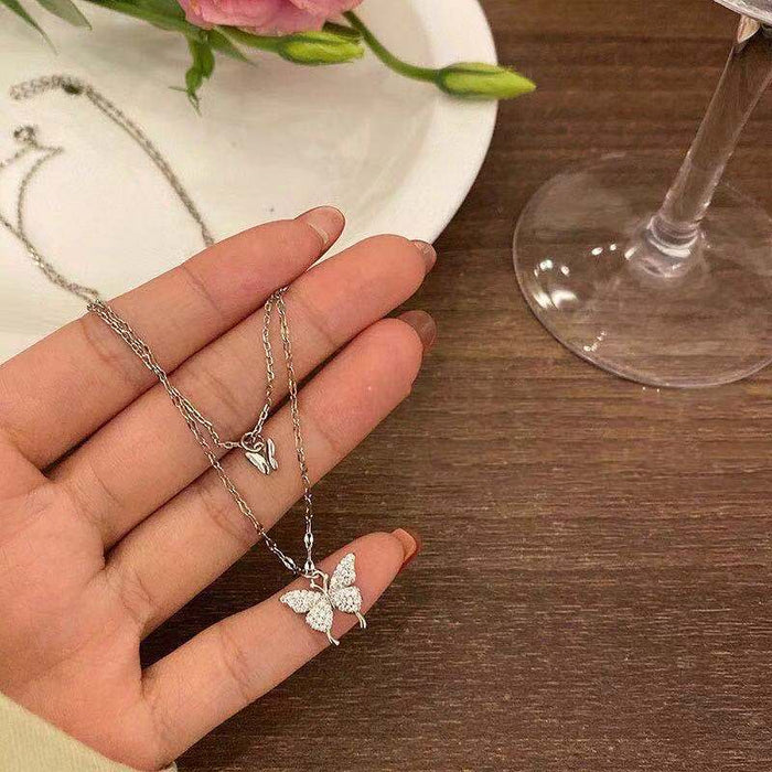 Wholesale Double-layer Butterfly Necklace ~ Flash Diamond  Chain