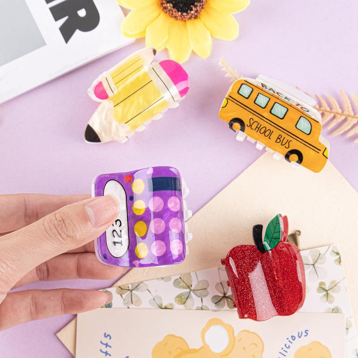 Wholesale Cute School Bus Clip Acrylic Pencil Shark Clip Computer Hairpin Apple Headwear Creative School Season Hair Accessories