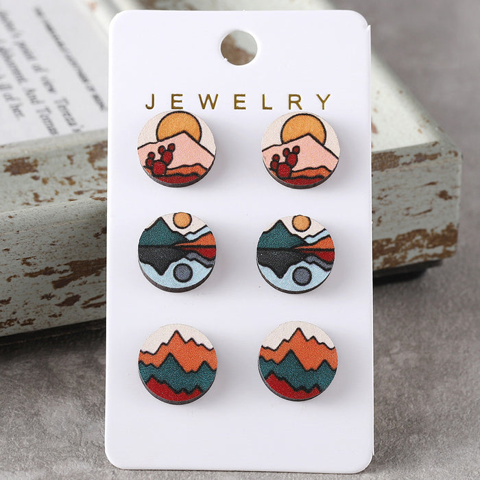 Wholesale Bohemian Abstract Sun Mountains Rivers Simple Scenery Earrings Set Wooden Earrings Gift