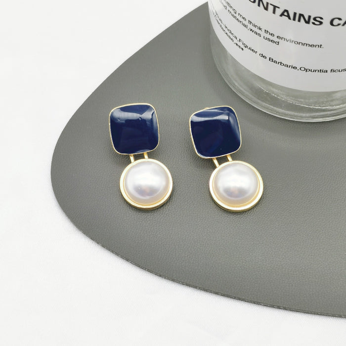 Wholesale Square blue drop oil pearl earrings are fashionable, high-end, elegant, geometric earrings are fashionable and atmospheric