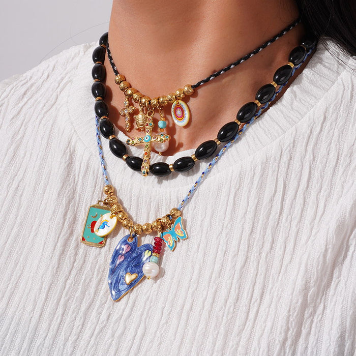 Wholesale Zircon Cross Necklace Natural Stone Neck Chain Stainless Steel Heart Necklace