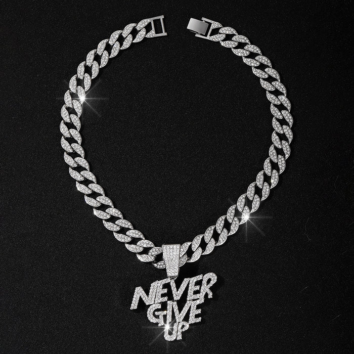 Wholesale Alloy Letter NEVERGIVEUP Punk Style Pendant Full Diamond Super Men's Cuban Chain