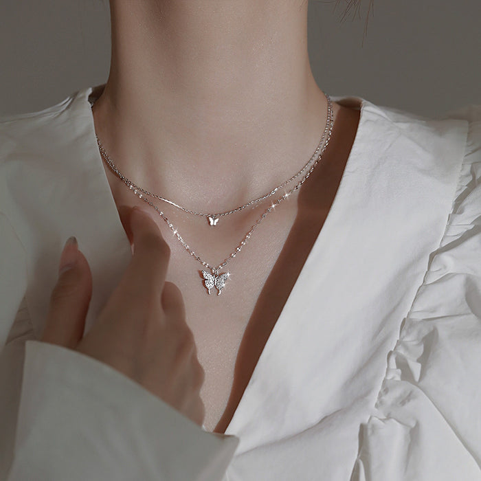 Wholesale Titanium steel necklace, double-layer butterfly pendant, light luxury, niche design, collarbone chain, versatile accessory