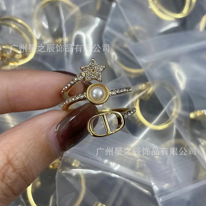 Wholesale Three ring large pearl ring, women's full diamond surround ring