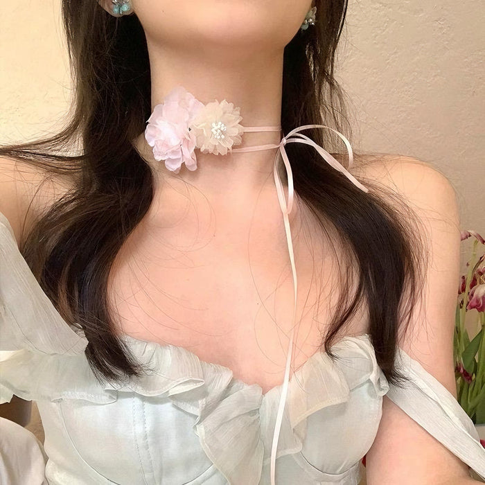 Wholesale Chiffon pink flower neckband necklace collarbone chain accessory
