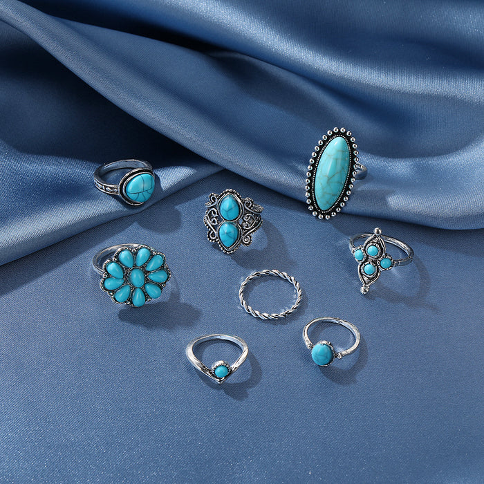 Wholesale Retro Bohemian Turquoise 8-piece Set Ring