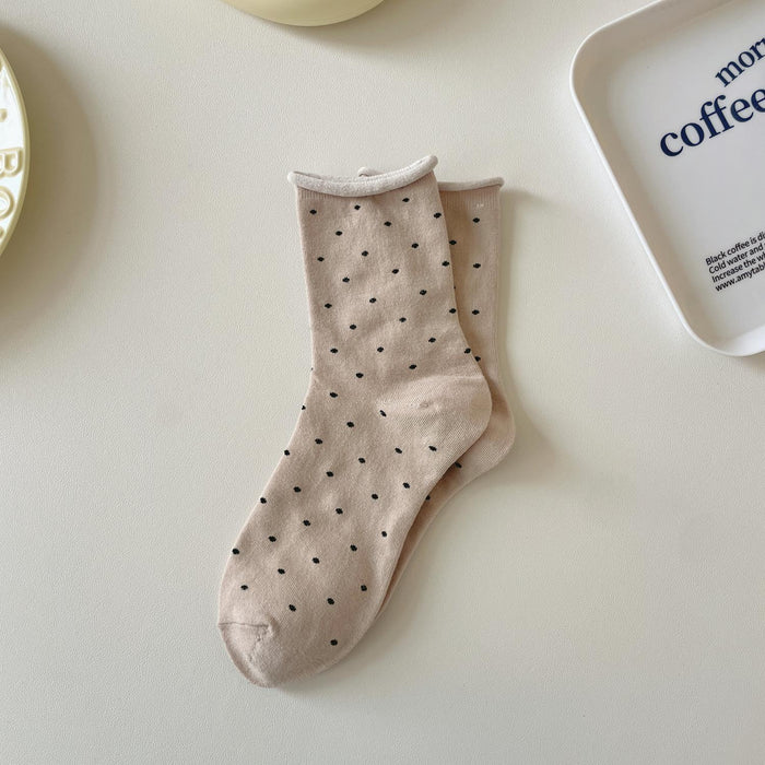 Wholesale Curled edge polka dot socks, mid tube socks, simple pile socks, sweat absorbing long socks