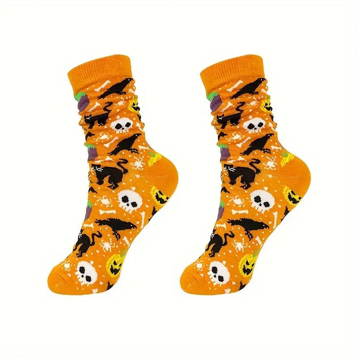 Wholesale 5pcs Halloween Skull Pumpkin Cartoon Printed Casual Polyester Middle Tube Socks JDC-SK-Xinh022