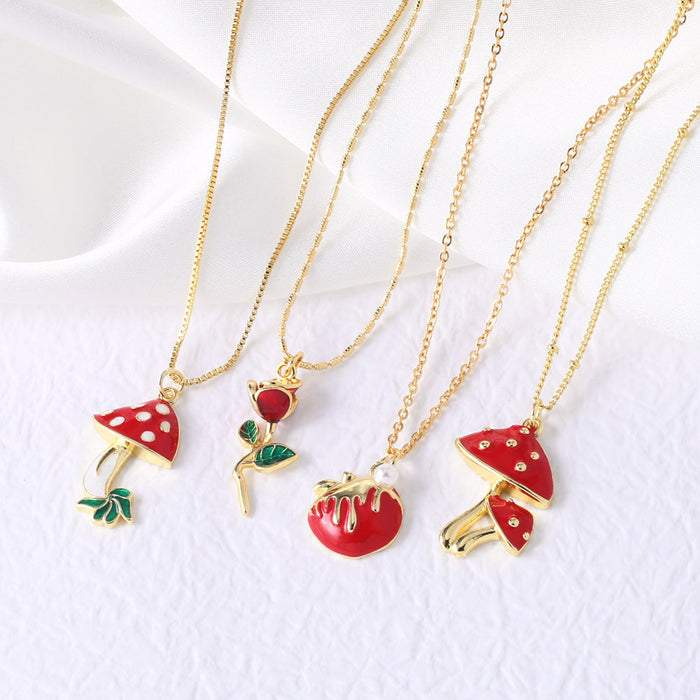 Wholesale  Jewelry Red Mushroom Pendant Necklace Women's Gold Plated Oil Drop Flower Collarbone Chain