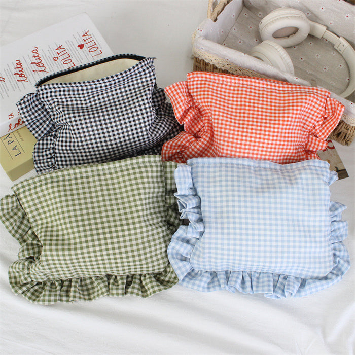 Wholesale Yellow Gingham Ruffle Trim Makeup Bag Large Capacity Portable Cosmetic Organizer For Everyday Use And Boutique Resale