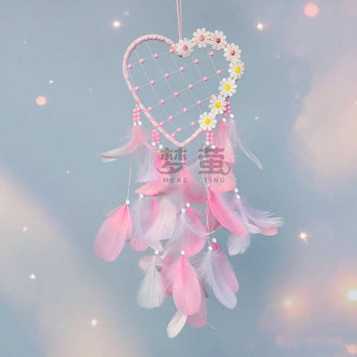 Wholesale Heart Feather Dream Catcher Wall Hanging Pink White Sweet Style Decorative Accent MOQ≥2