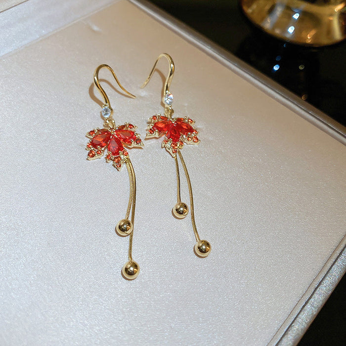 Wholesale Earrings Alloy Pearl Zircon Red Maple Leaf Double Layer JDC-ES-BY344