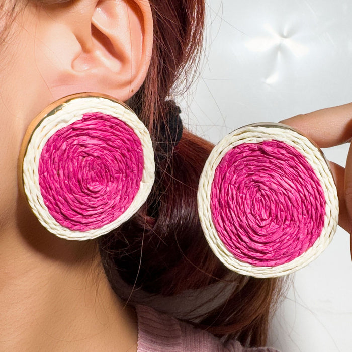Wholesale Vacation Style Handmade Raffia Flower Earrings Red Jewelry Accessory MOQ≥5