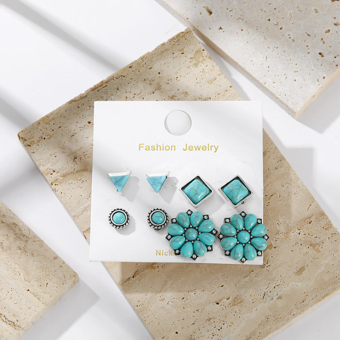 Wholesale Retro Bohemian Turquoise Round Earrings 4 Pair Set