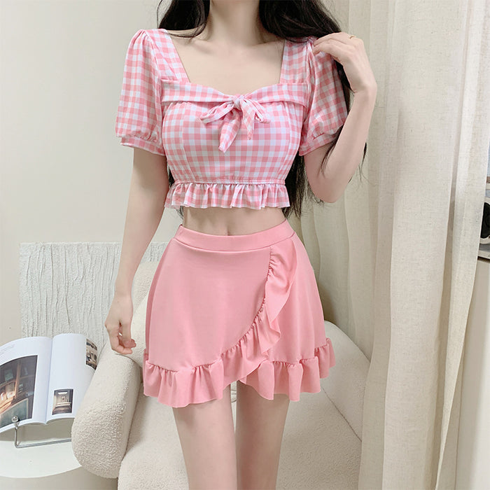 Wholesale Female swimsuit two-piece set with grid pattern, student swimsuit, hot spring bath, professional wholesale