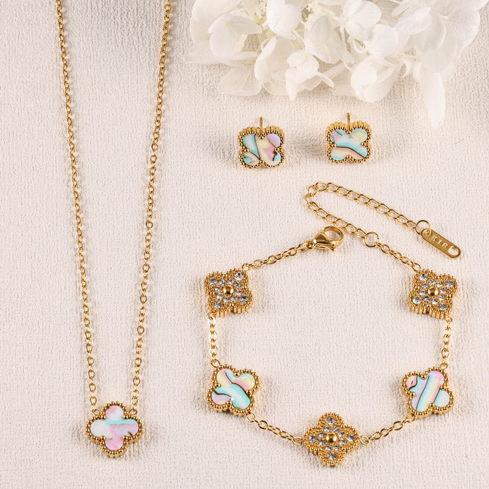 Wholesale Stainless Steel Four-Leaf Clover Three-Piece Gold-Plated Jewelry Set