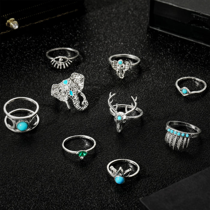 Wholesale 2pcs Retro Personalized Turquoise 9-Piece Set Ring