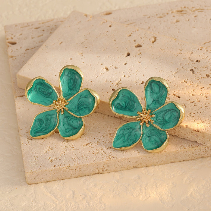 Wholesale Exaggerated metal flower opening ring with oil dripping five petal flower three-dimensional earrings and earrings