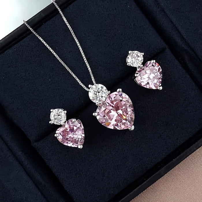 Wholesale Pink diamond heart-shaped necklace and earrings jewelry set