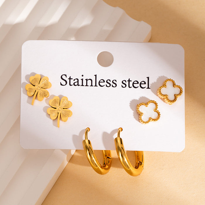 Wholesale Stainless Steel Four-Leaf Clover Heart Earrings Set