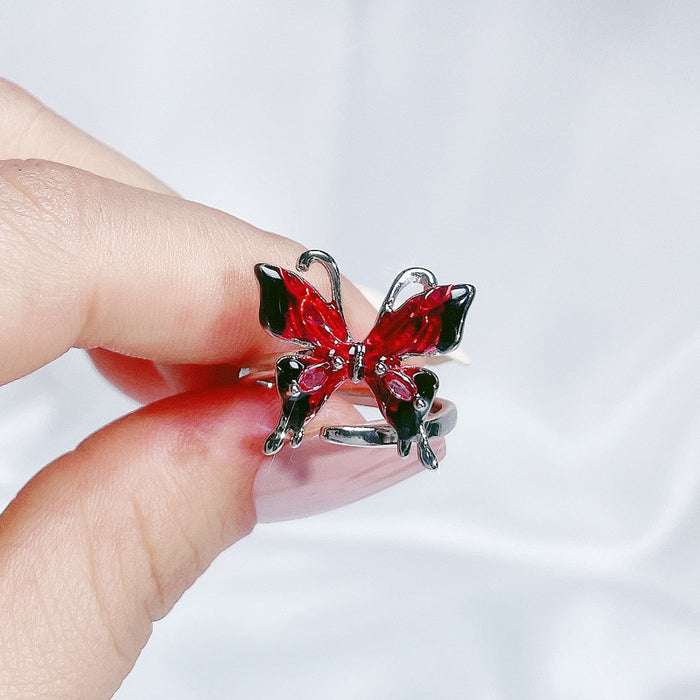 Wholesale Copper Red Enamel Drop Glaze Butterfly Open Ring For Women Stylish Geometric Design Jewelry Accessory Boutique Gift