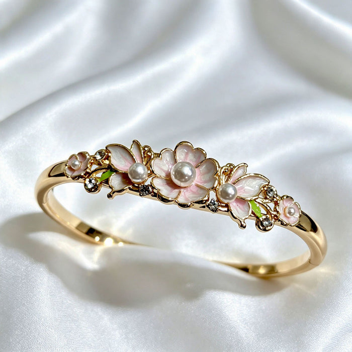 Wholesale New Chinese Style Pearl Flower Enamel Bangle Bracelet Light Purple Floral Jewelry Accessory Everyday Wear And Gift Giving Boutique Resale