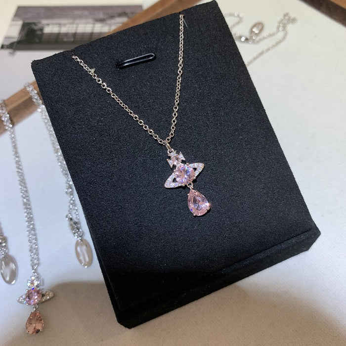 Wholesale Saturn Mermaid Tears Pink Tear Zirconia Stainless Steel Necklace