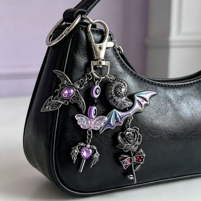 Wholesale Gothic Bat Keychain Purple Heart Cross Pendant Zinc Alloy Bag Charm  Gift
