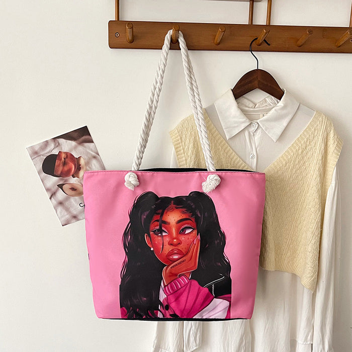 Wholesale Outdoor practical versatile retro canvas bag cartoon print portable beach bag large capacity