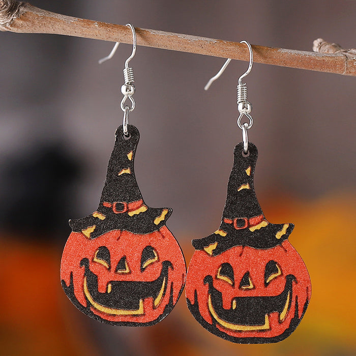 Wholesale  Gothic style ghost face pumpkin witch hat witch boots pendant earrings wooden double-sided earrings