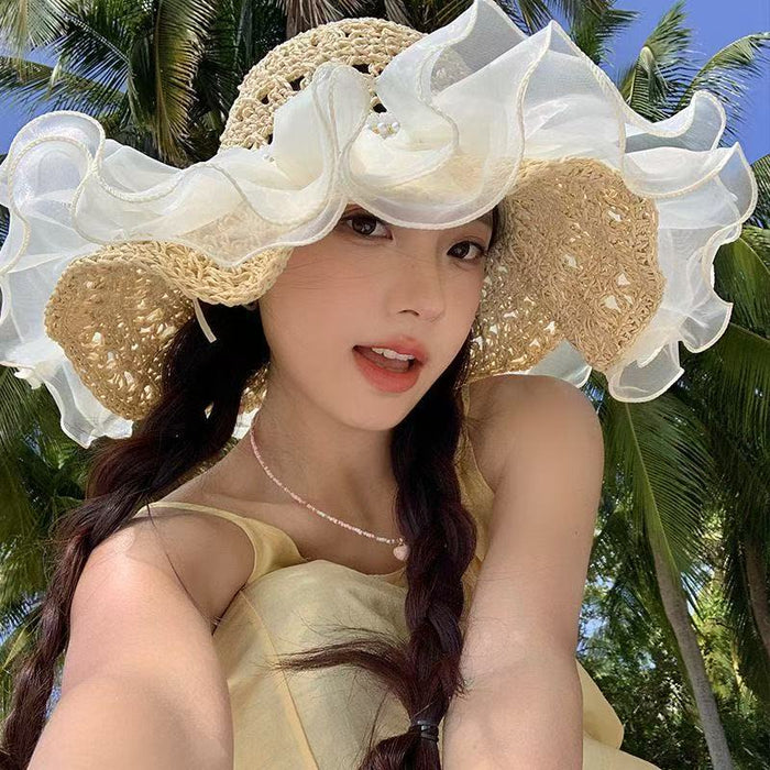 Wholesale Lace lace straw hat with curled edges and hollowed out Lafite sun hat, large brim